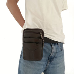 Men's Diagonal Mobile Phone Leather Waist Bag Double Zipper