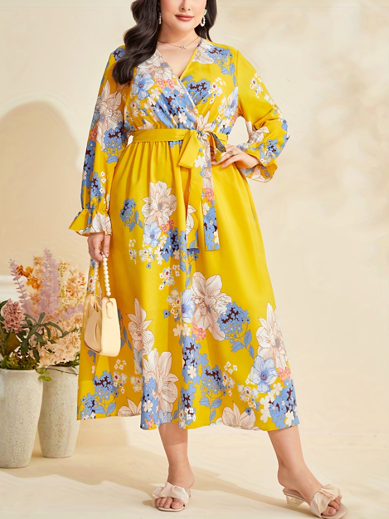  Floral Print Lantern Sleeve Dress With Belt