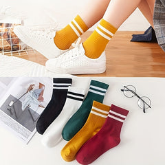 10 Pairs Stripe Print Socks Comfy & Soft Mid Tube Women's Stockings