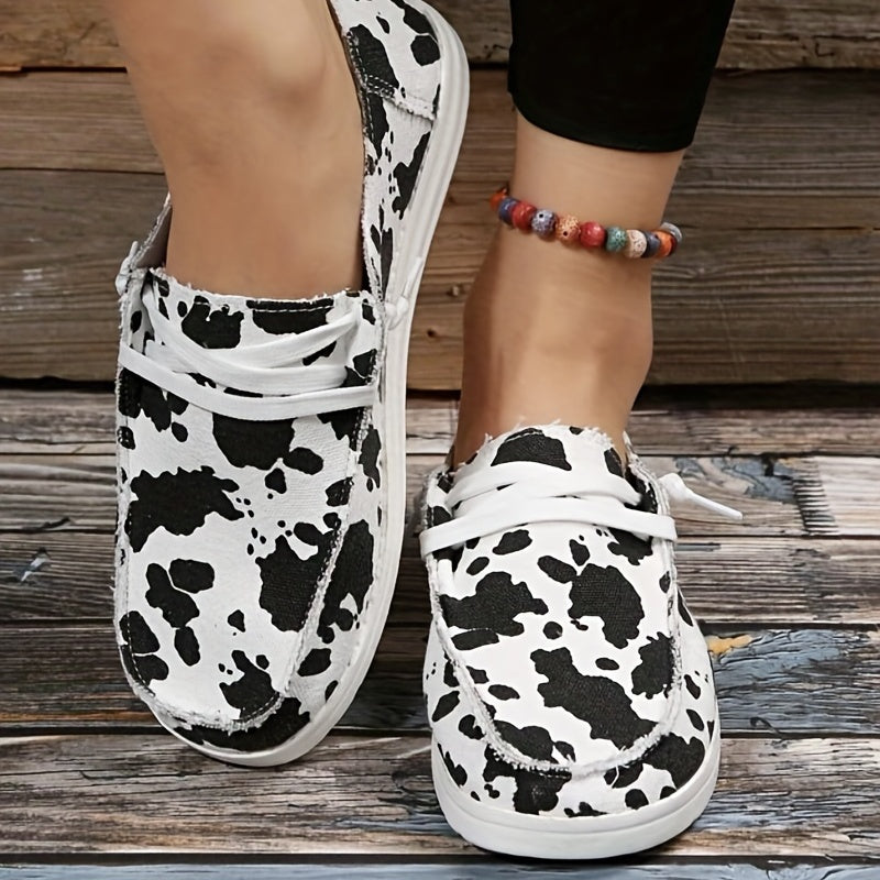 Women's Cow Pattern Canvas Shoes Lace Up Lightweight Sneakers