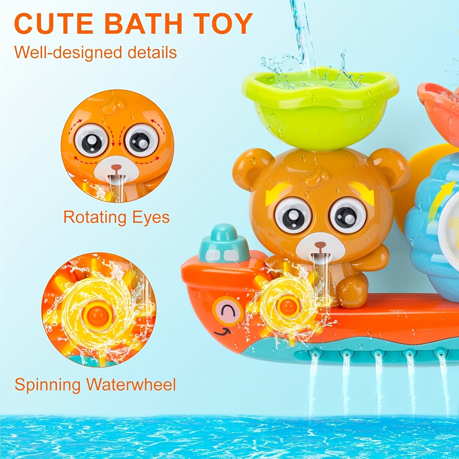 Bear Boat Bath Toy for Toddlers with Suction Cups
