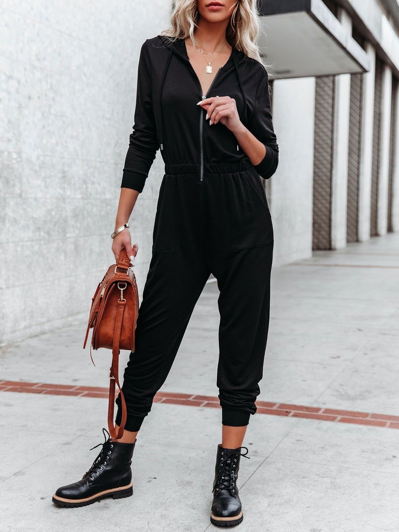 Women's Casual Hoodie Jumpsuit Solid Wide Leg