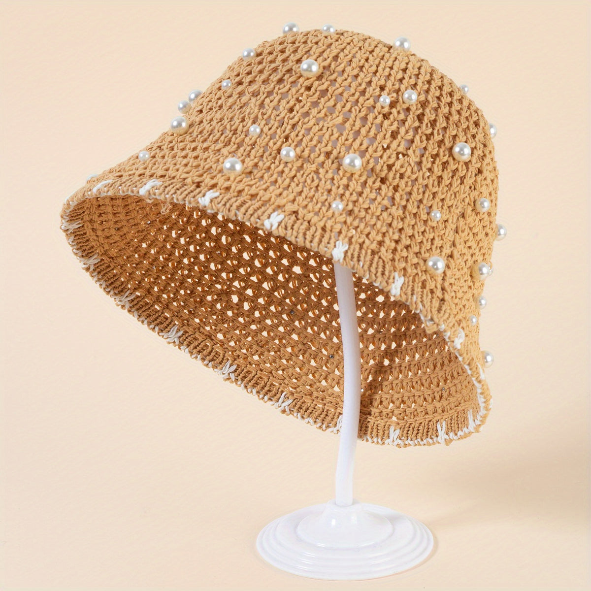 Faux Pearl Decor Bucket Hat Brown Hollow Out Basin Hat Crochet Breathable Cloche
