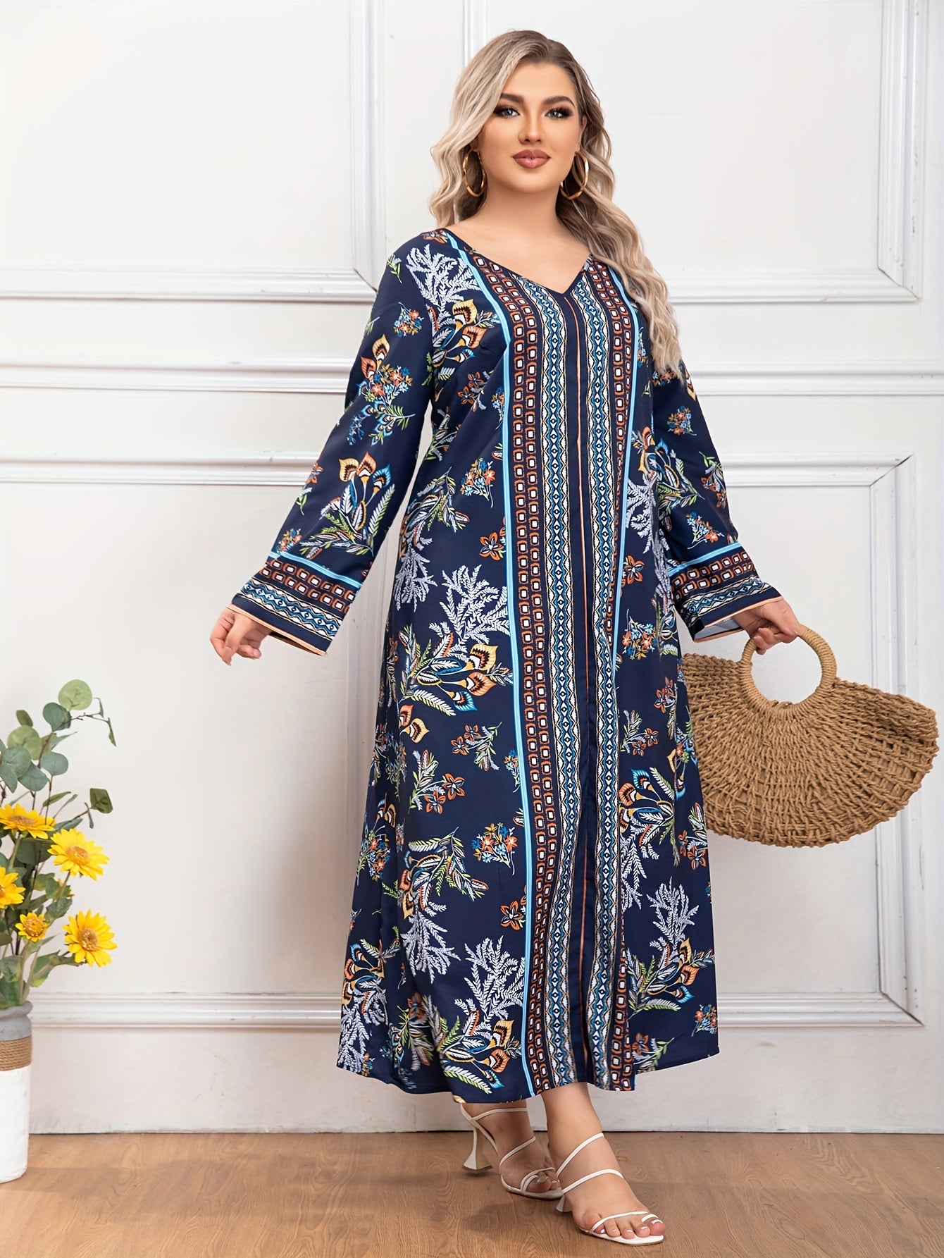  Colorblock Floral Print V Neck Maxi Dress