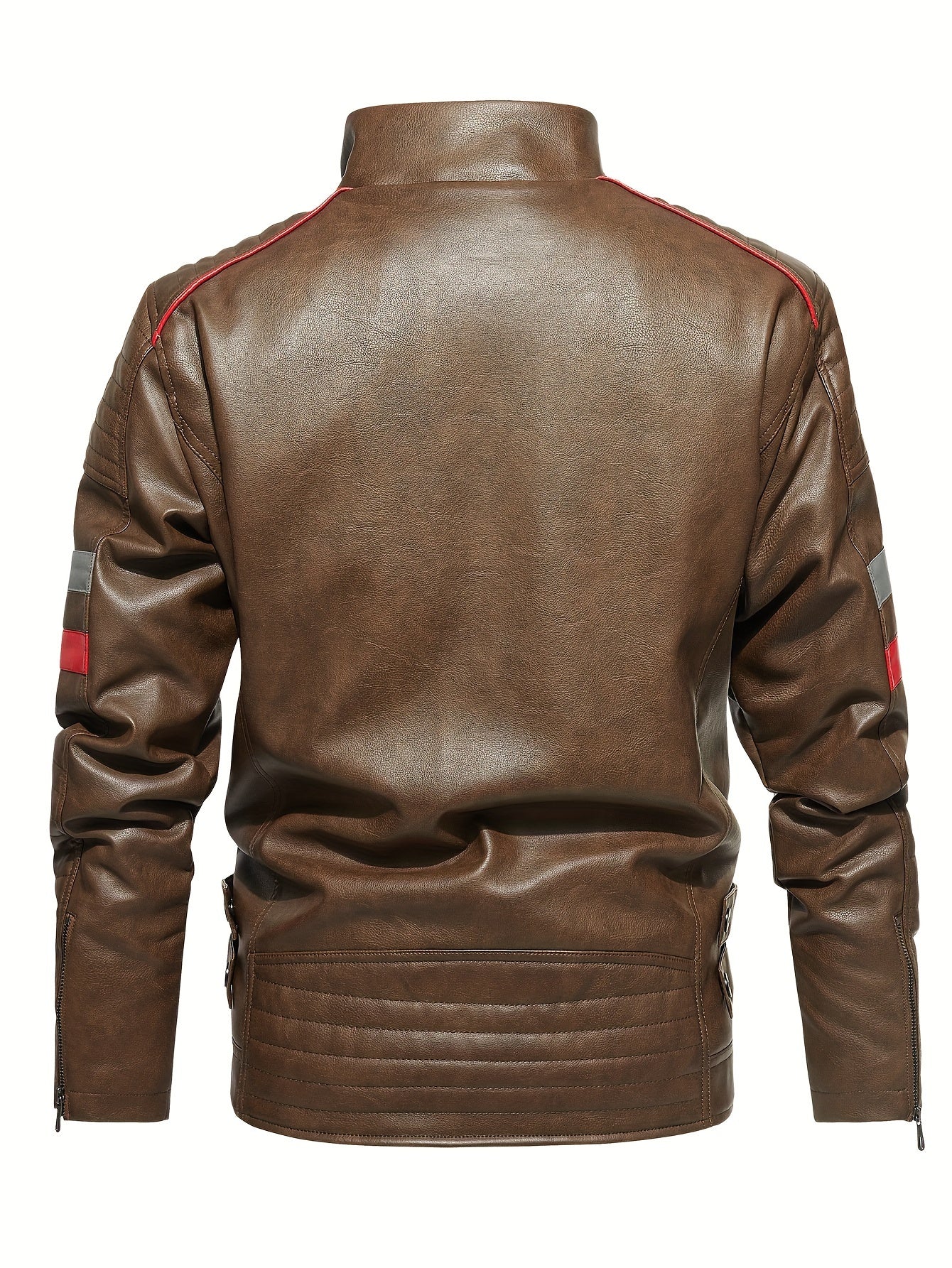 Men's Casual Fleece PU Leather Jacket Stand Collar Biker Jacket