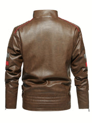 Men's Casual Fleece PU Leather Jacket Stand Collar Biker Jacket