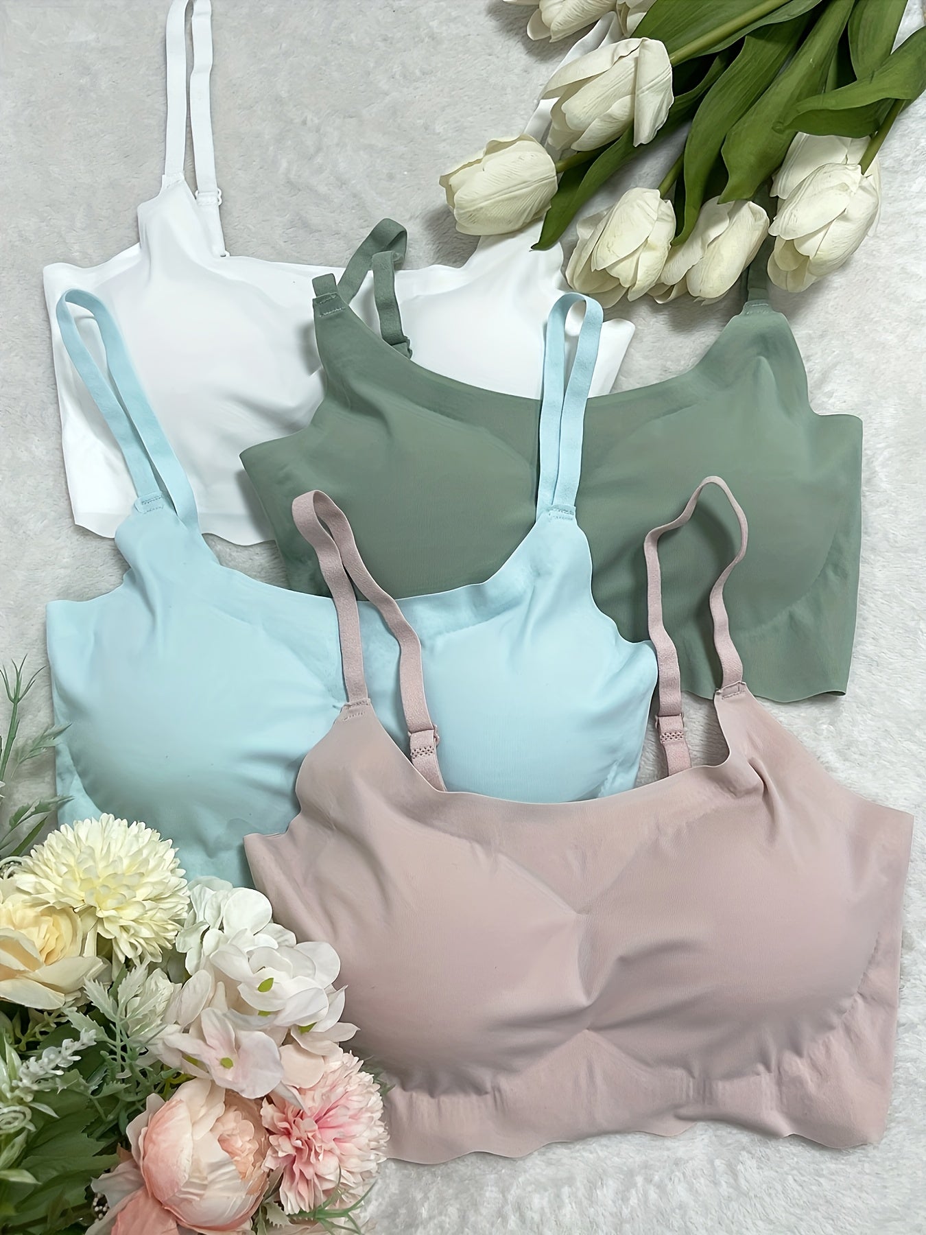 4 Seamless Solid Bralettes Comfortable Adjustable Straps Intimates Bra
