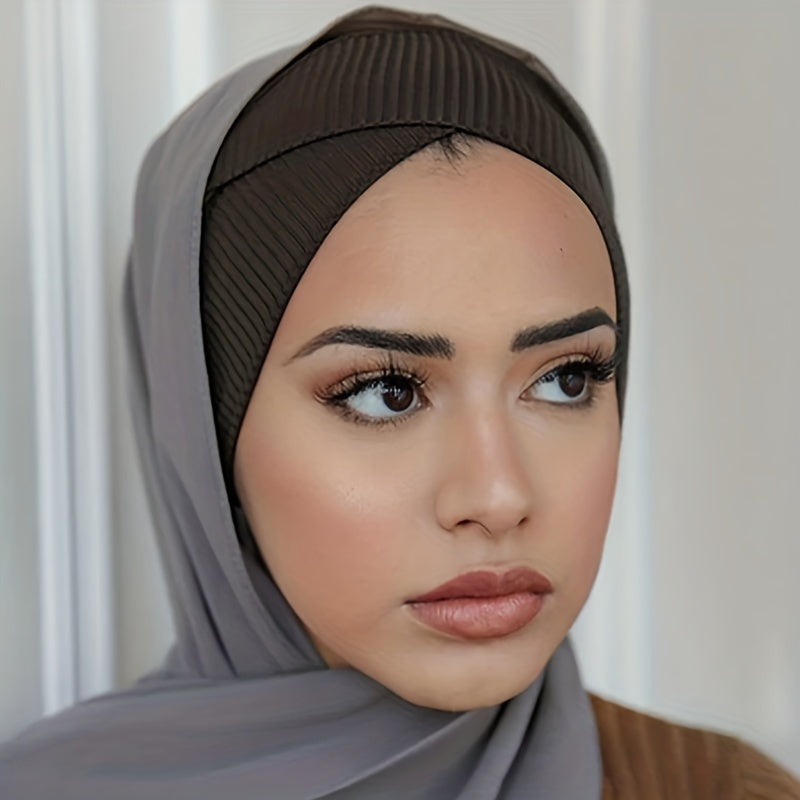 Solid Elastic Hijab Underscarf Soft Ribbed Striped Head Wrap For Women