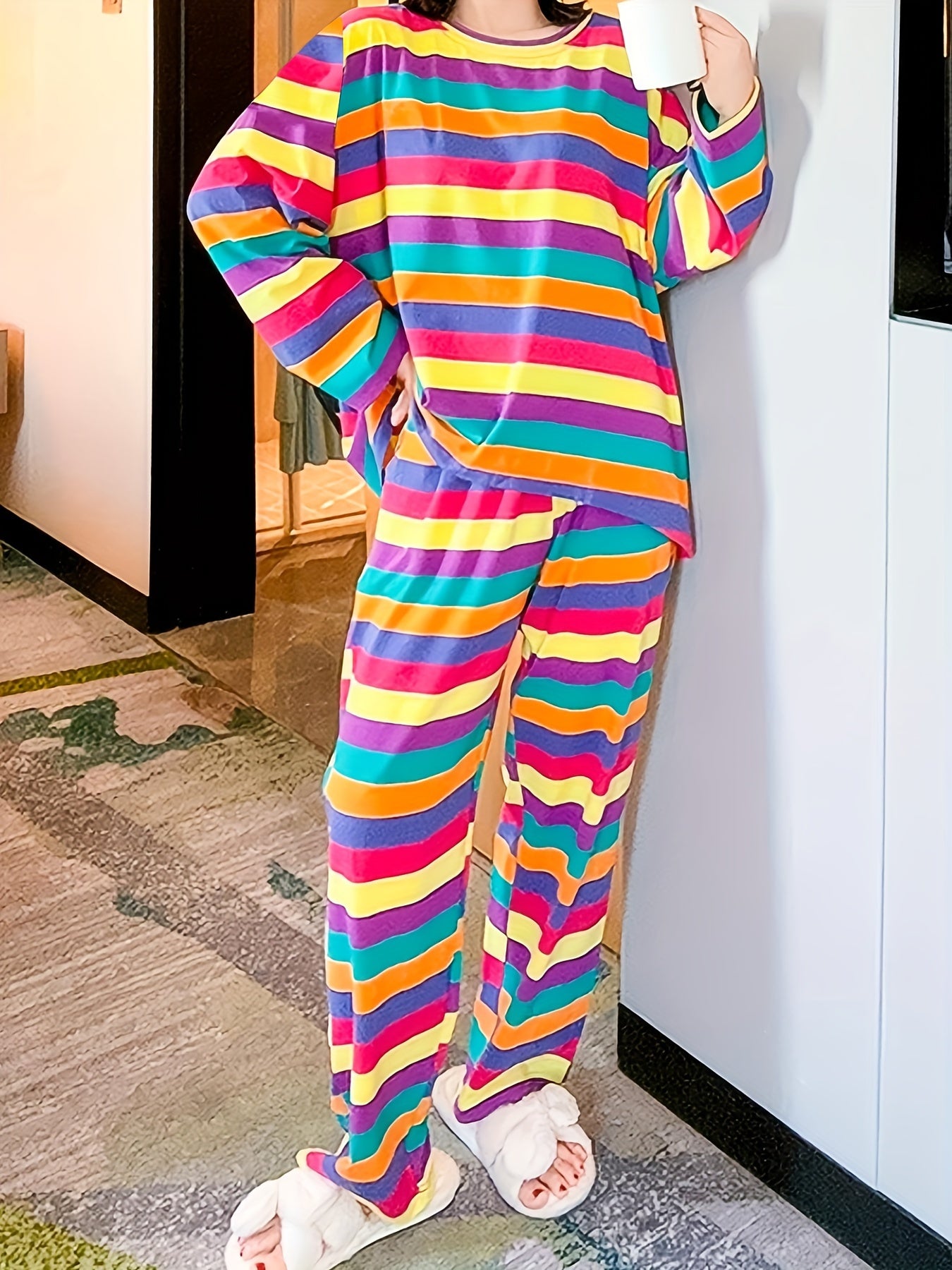Rainbow Stripe Pajama Set Long Sleeve Top & Lounge Pants Women's Sleepwear