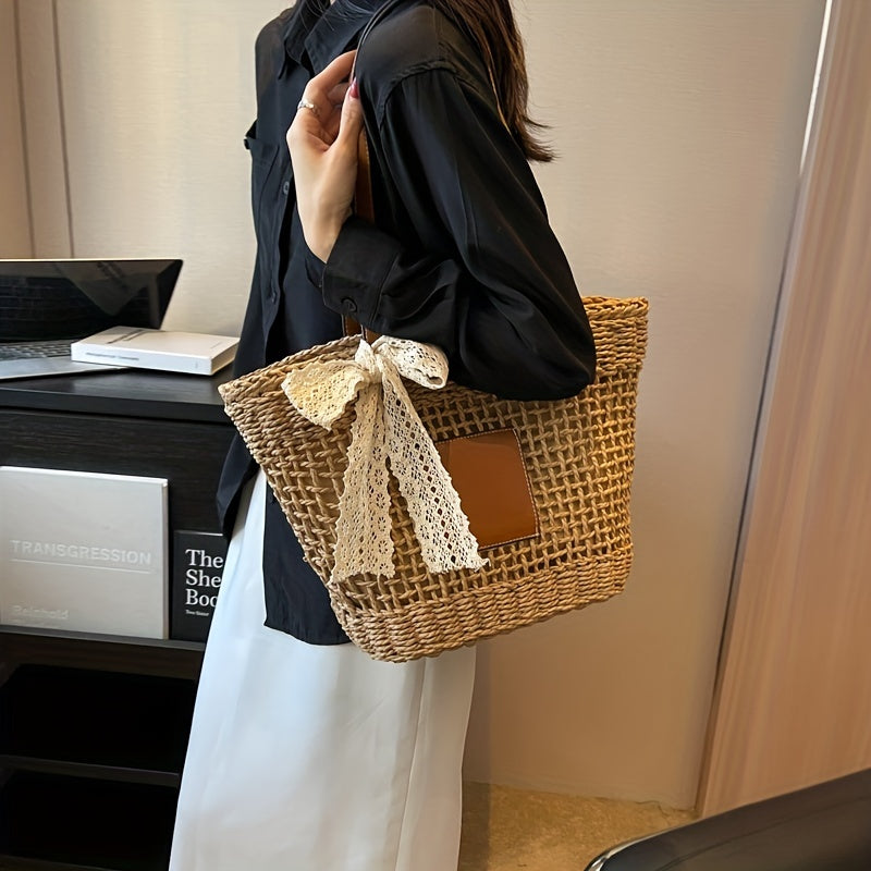 Straw Summer Beach Bag Woven Tote Scarf Decor Shoulder Bag