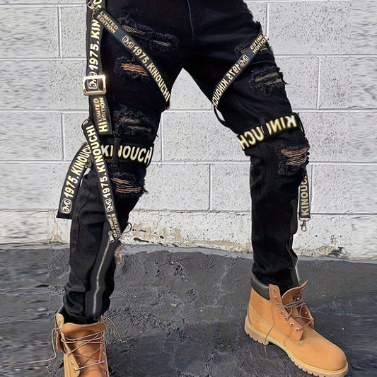 Men's Ripped Straight Denim Jeans With Pockets