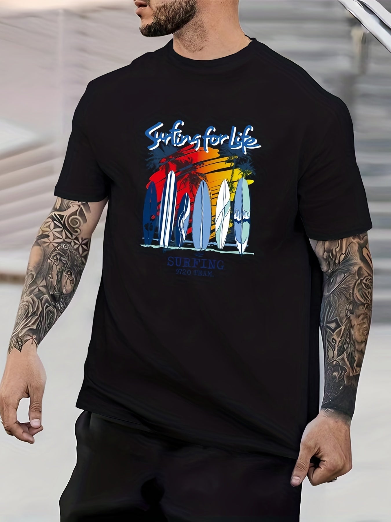 Tropical Retro Letter Print Men's Graphic Crew Neck T shirt