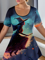  Halloween Cartoon Witch Print Tunic Top & Flared Leg Pants Set