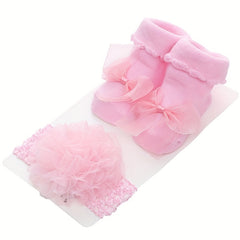 2pcs Newborn Girls Socks & Headband Set - Cotton Princess Crew Socks & Headwear