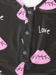 Lip & Letter Print Romper Jumpsuit V neck Button Romper Jumpsuit