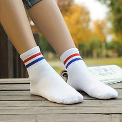 4 Pairs Striped Sports Socks Crew Short Women's Stockings