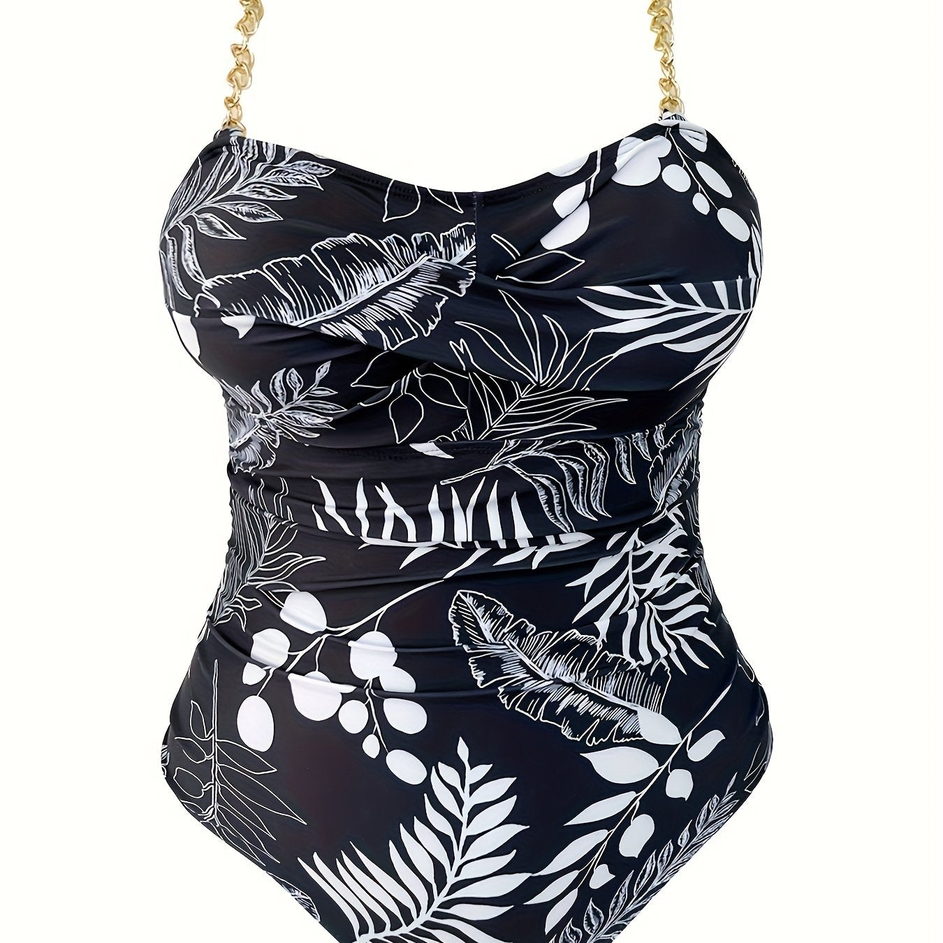  Tropical Print Chain Linked Ruched One Piece Swimsuit