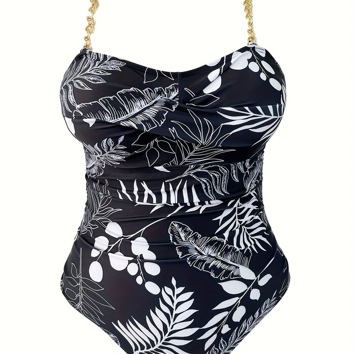  Tropical Print Chain Linked Ruched One Piece Swimsuit