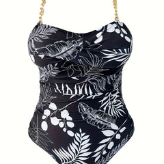 Tropical Print Chain Linked Ruched One Piece Swimsuit