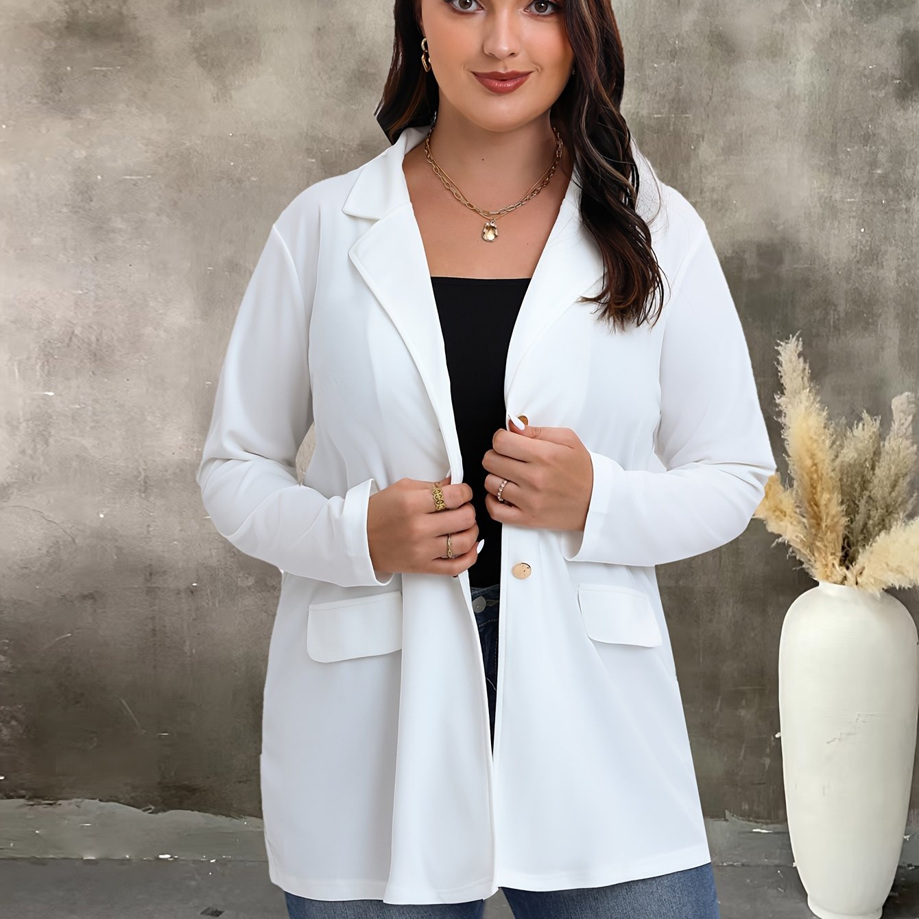  Solid Long Sleeve Button Blazer