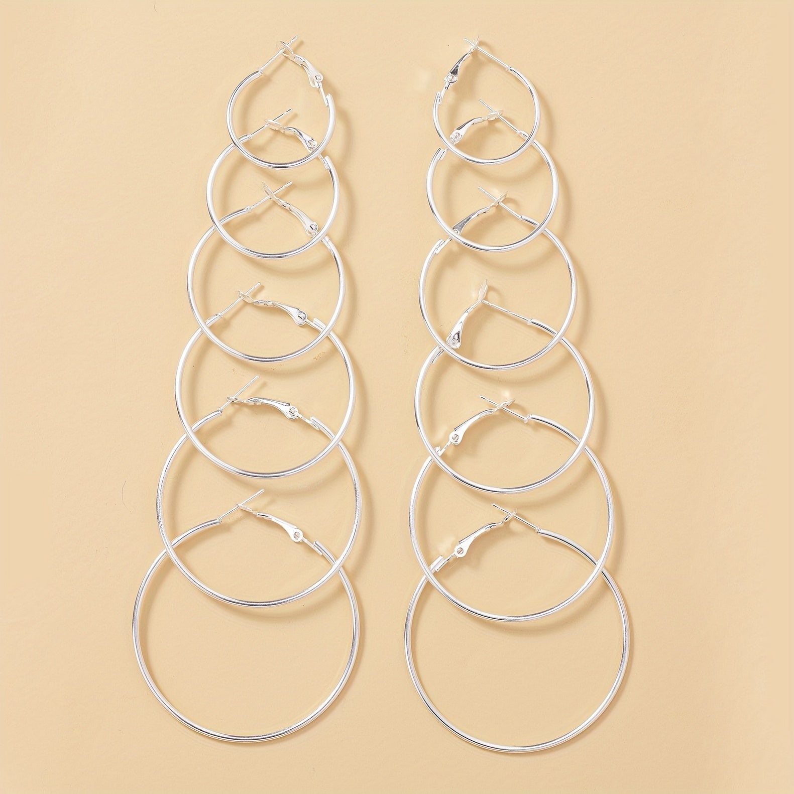 6 Pairs Silvery Big Circle Hoop Earrings Stainless Steel Silver Plated Jewelry