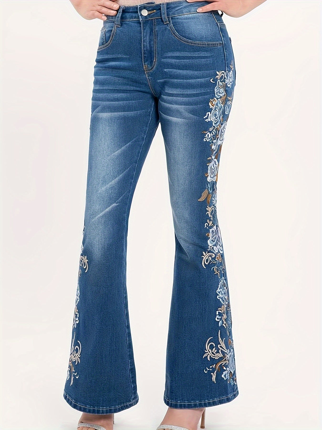  Floral Embroidery High Rise Flared Leg Jeans