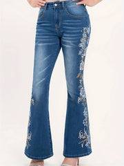  Floral Embroidery High Rise Flared Leg Jeans