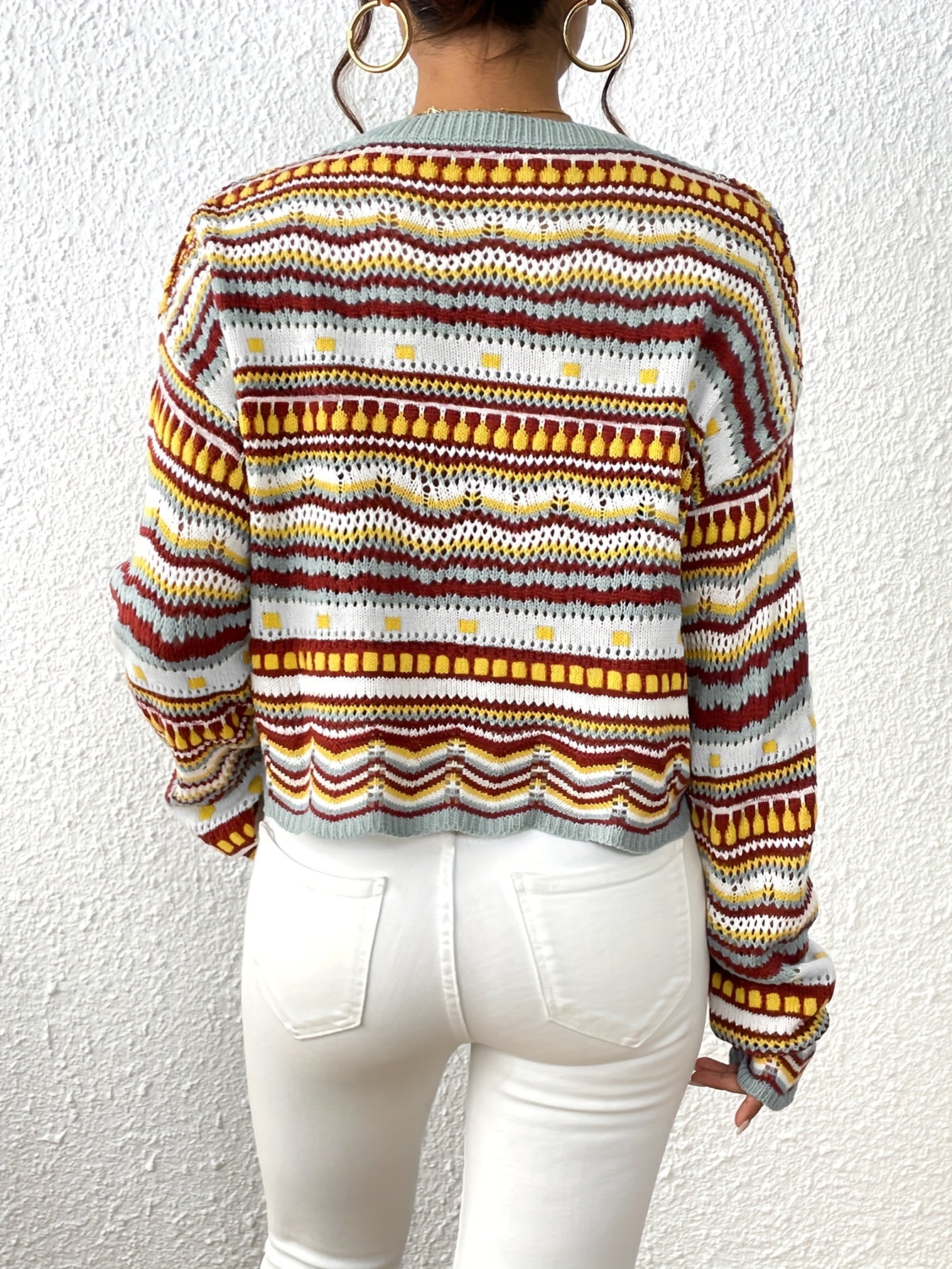  Colorblock Geometric Print Sweater