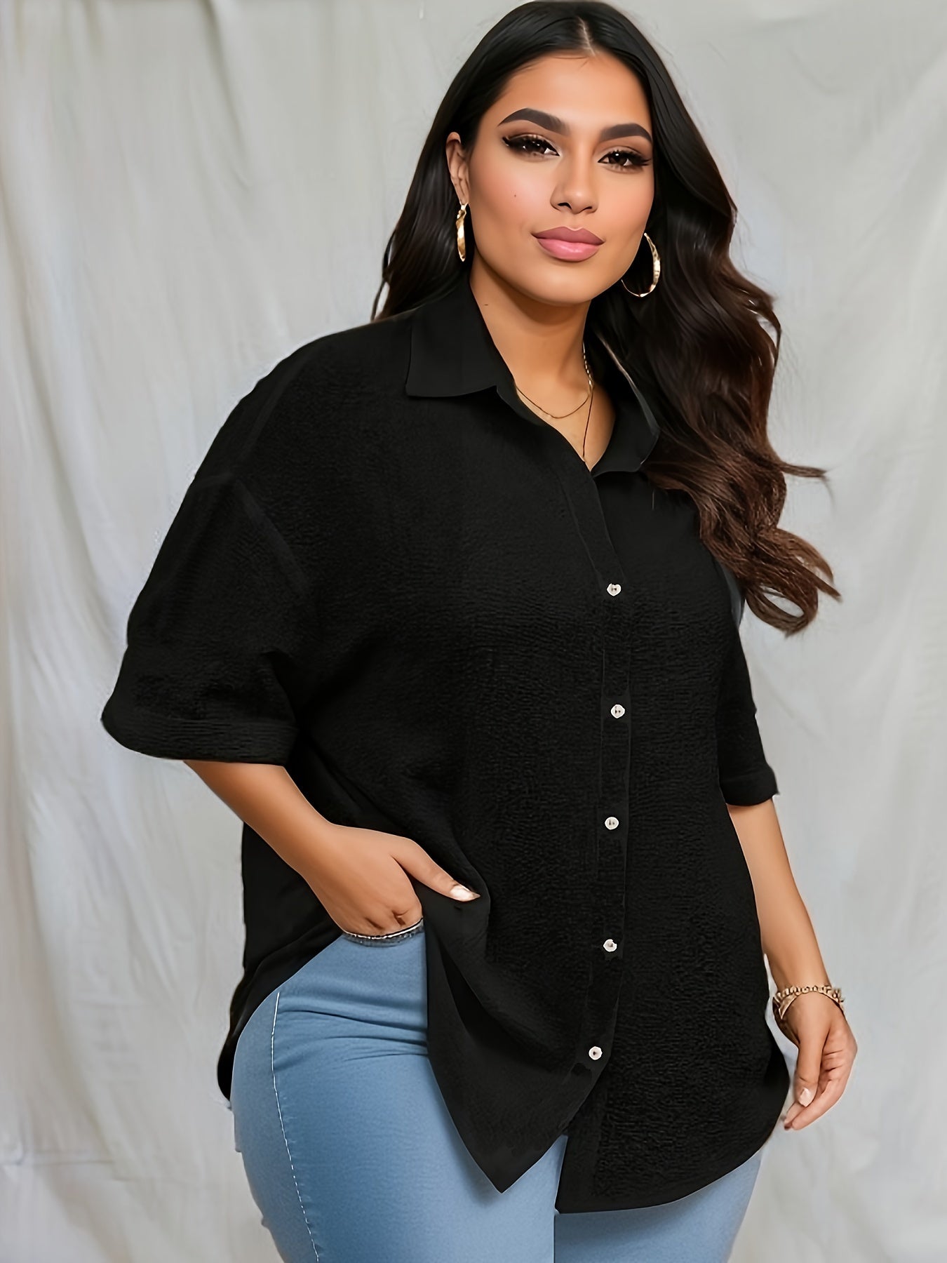  Casual Blouse Women's Plus Solid Textured Button Up Lapel