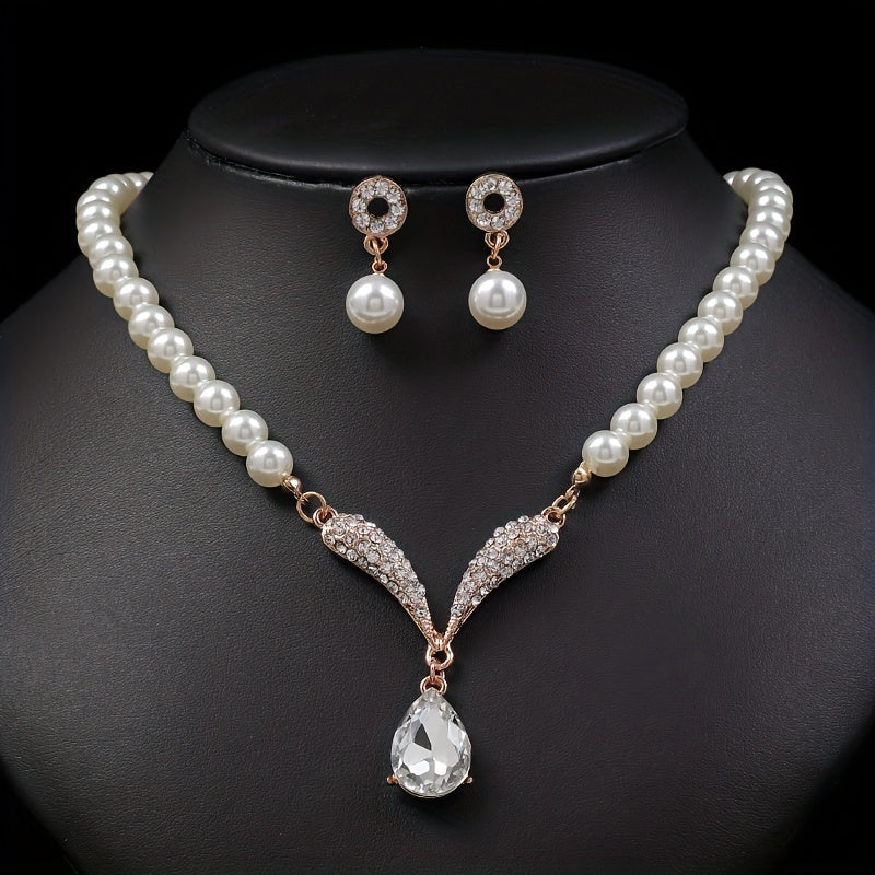Vintage Faux Pearl Necklace & Earrings Set for Women