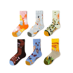 6 Pairs Floral Print Socks Colorblock Crew Socks Women's Stockings