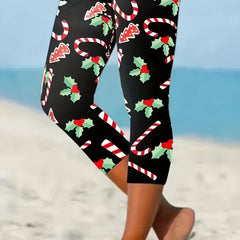 Christmas Print Skinny Capris Leggings Elastic Waist Cropped Leggings