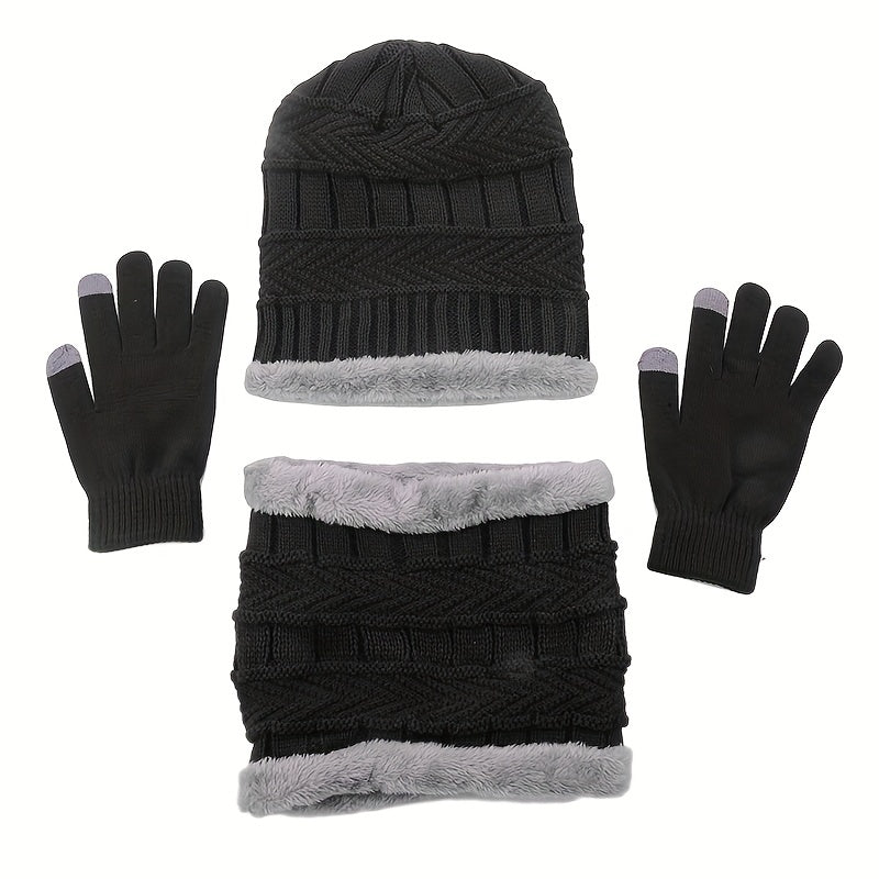 3pcs Unisex Winter Beanie Gloves Scarf Set Warm Touch Screen Retro
