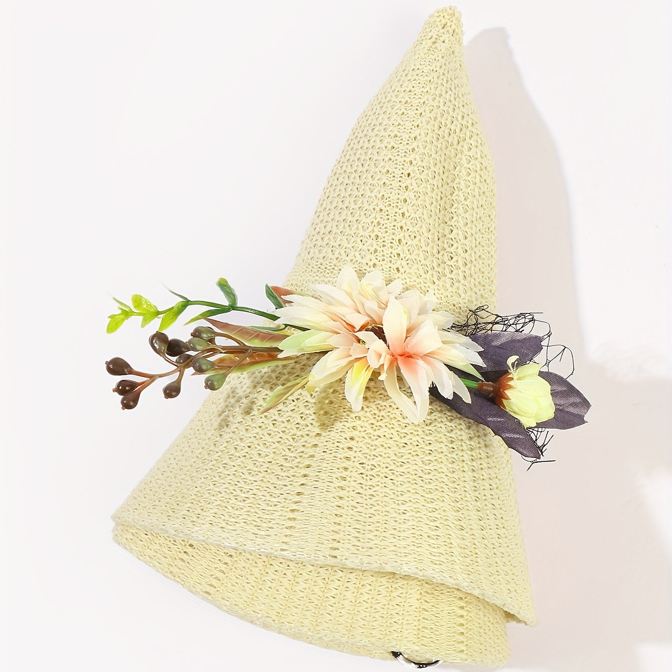 Beige Crochet Bucket Hat Faux Flower Decor Straw Casual Travel Beach Hat