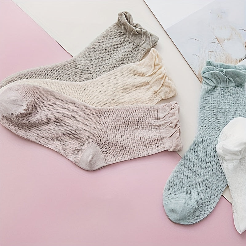 5 Pairs Ruffle Polka Dot Socks - Comfy & Breathable Women's Mid Tube Stockings