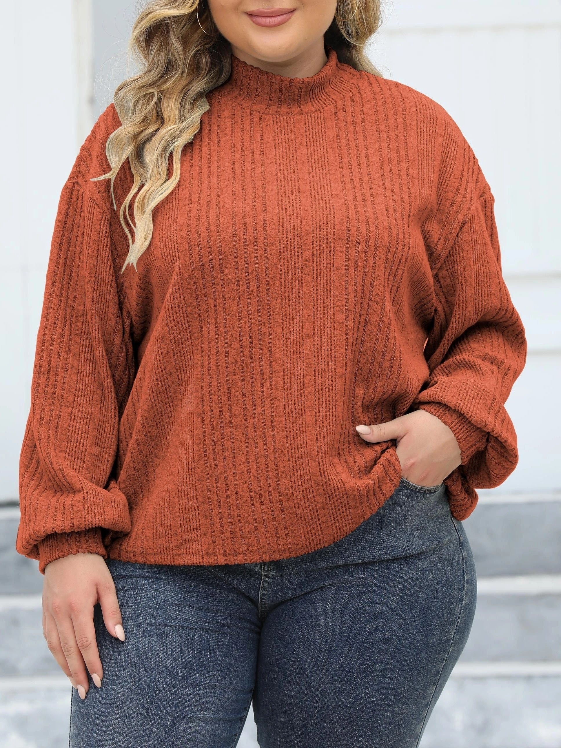  Casual Knit Top Solid Lantern Sleeve Round Neck Jumper