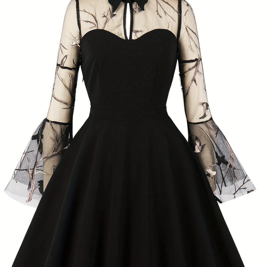  Halloween Dress Women's Cut Out Jacquard Mesh Bell Sleeve