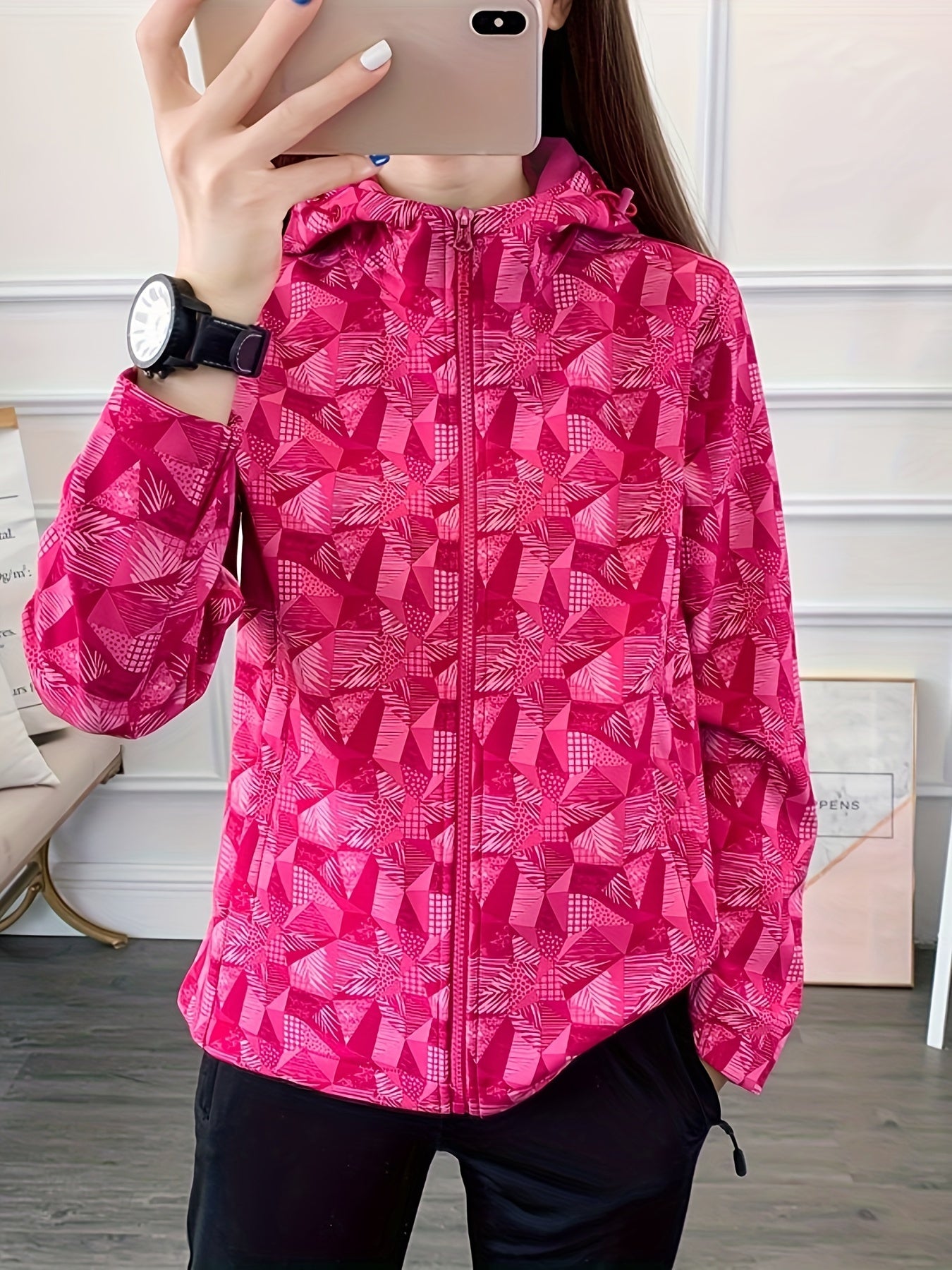 Zipper Fleece Lined Hooded Sports Jacket for Women
