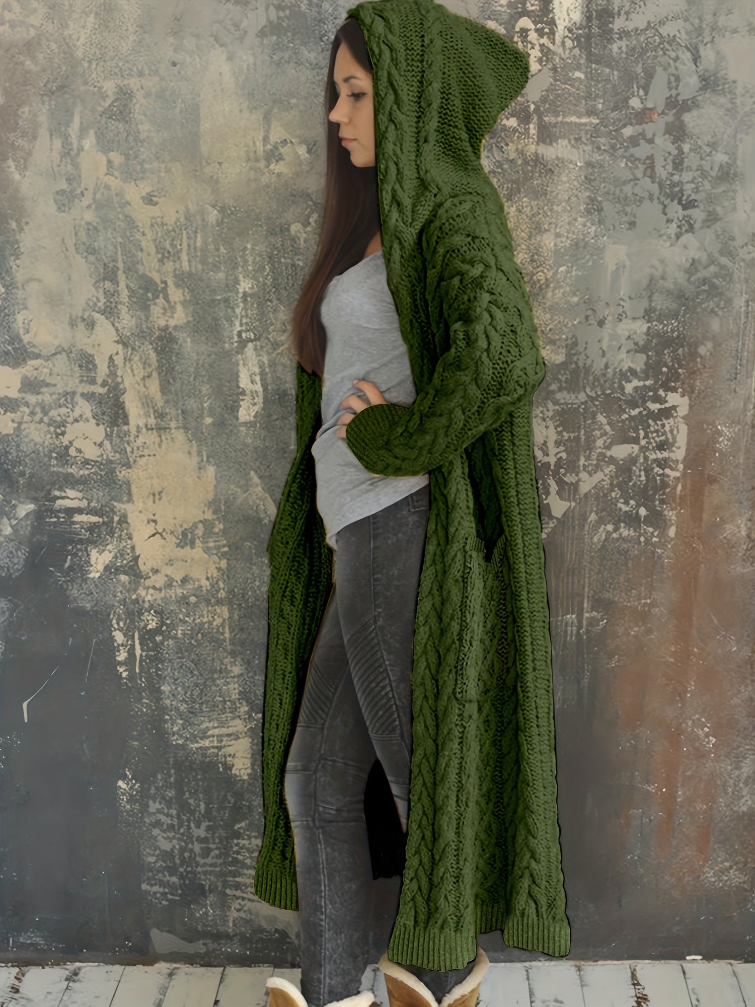  Women's Solid Hooded Cardigan Coat Knitted Sweater Coat