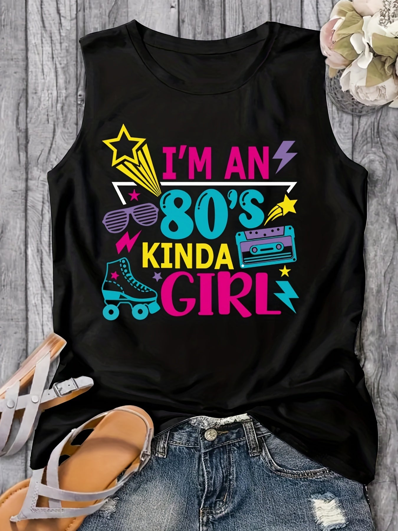Kinda Girl Print Tank Top Summer Sleeveless Casual Top