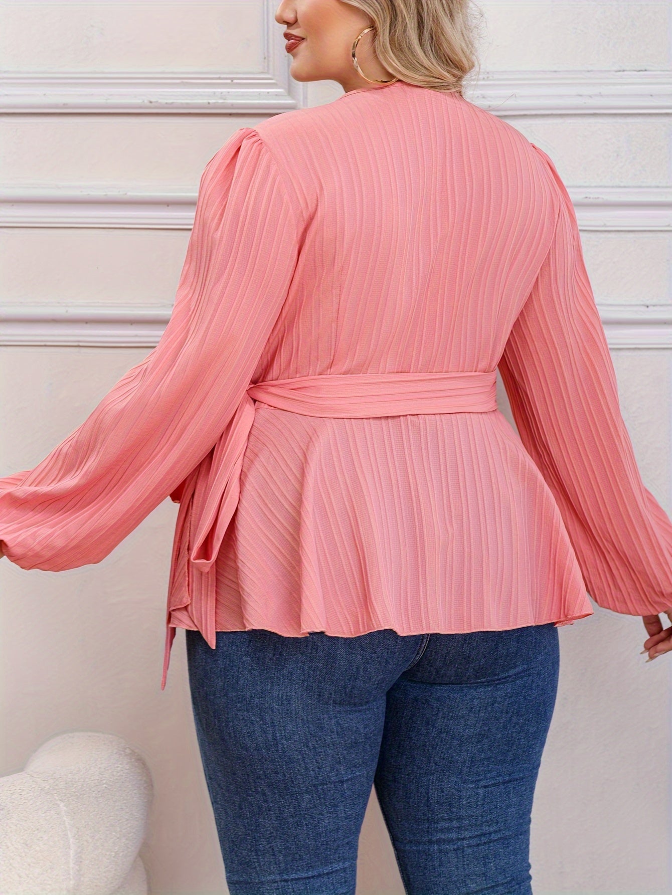 Ribbed Lantern Sleeve Peplum Shirt Top