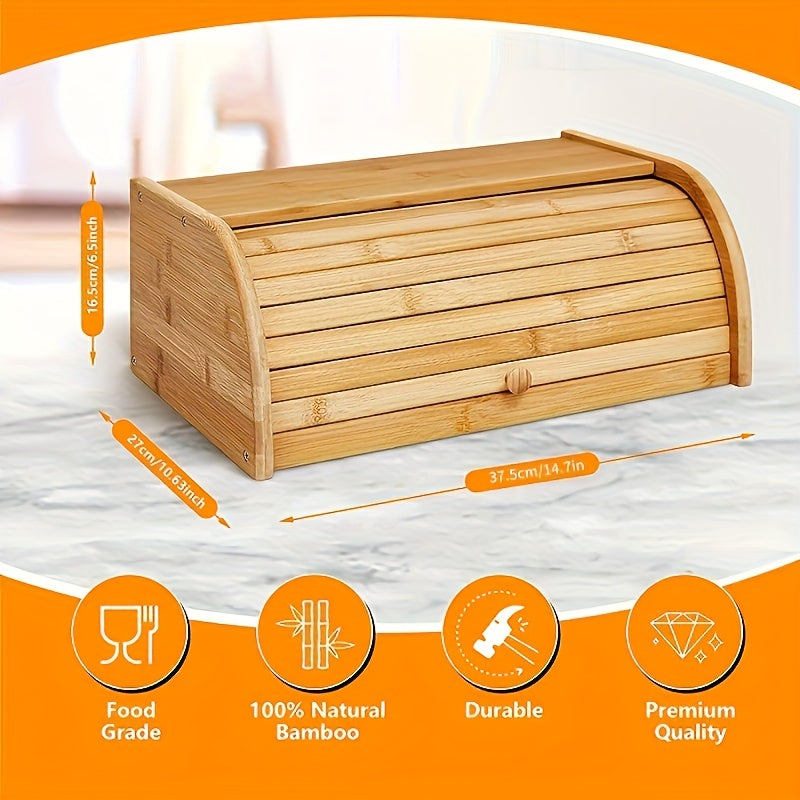 Large Natural Bamboo Roll Top Bread Box For Kitchen Countertop