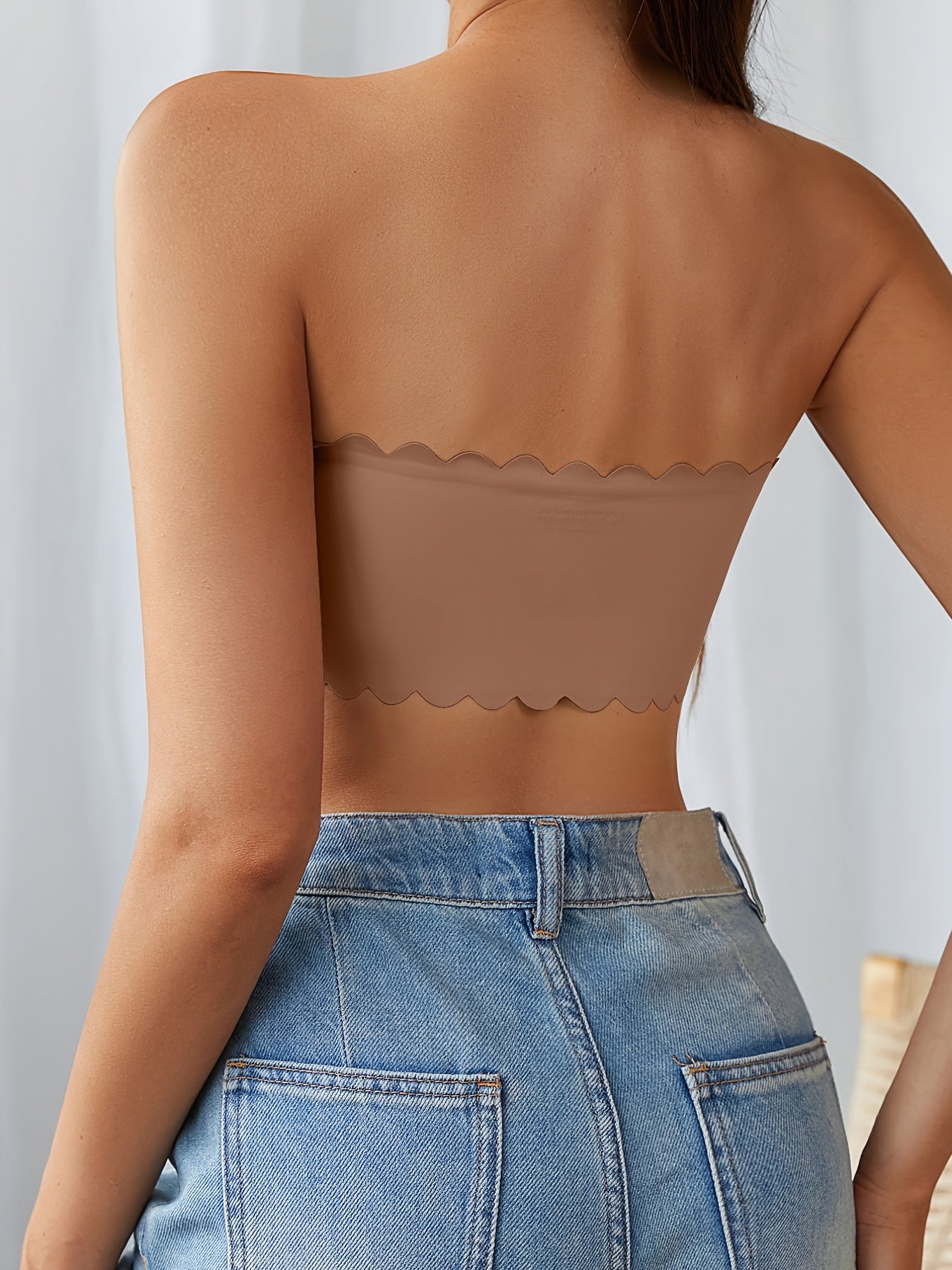 Scallop Trim Bandeau Bra Seamless Comfortable Strapless Stretch Bra
