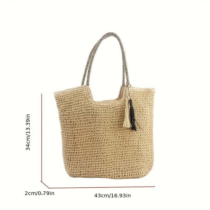 Large Capacity Straw Tote Bag Woven Shoulder Bag With Tassel Decor