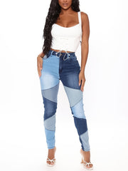Patchwork Mid Waist Denim Pants Colorblock Stretchy Denim Jeans