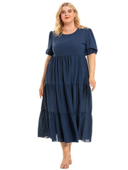  Solid Pleated Cami Dress Women's Short Sleeve Long Dress
