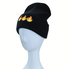 Flame Embroidered Beanie Hip Hop Knitted Warm Skull Cap