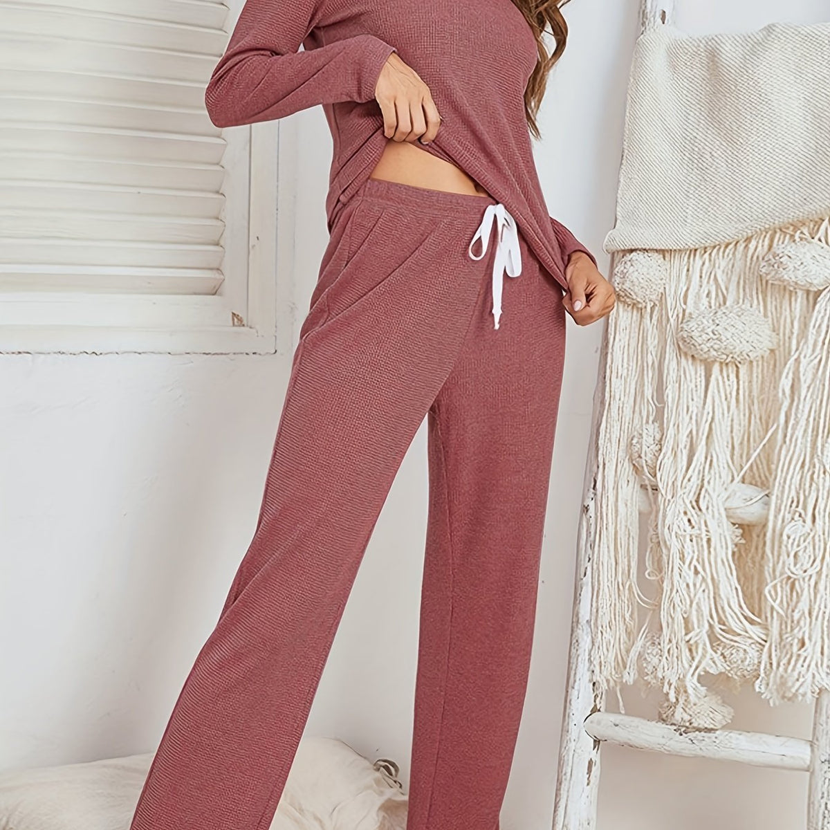 Waffle Lounge Set Long Sleeve V Neck Top & Pants