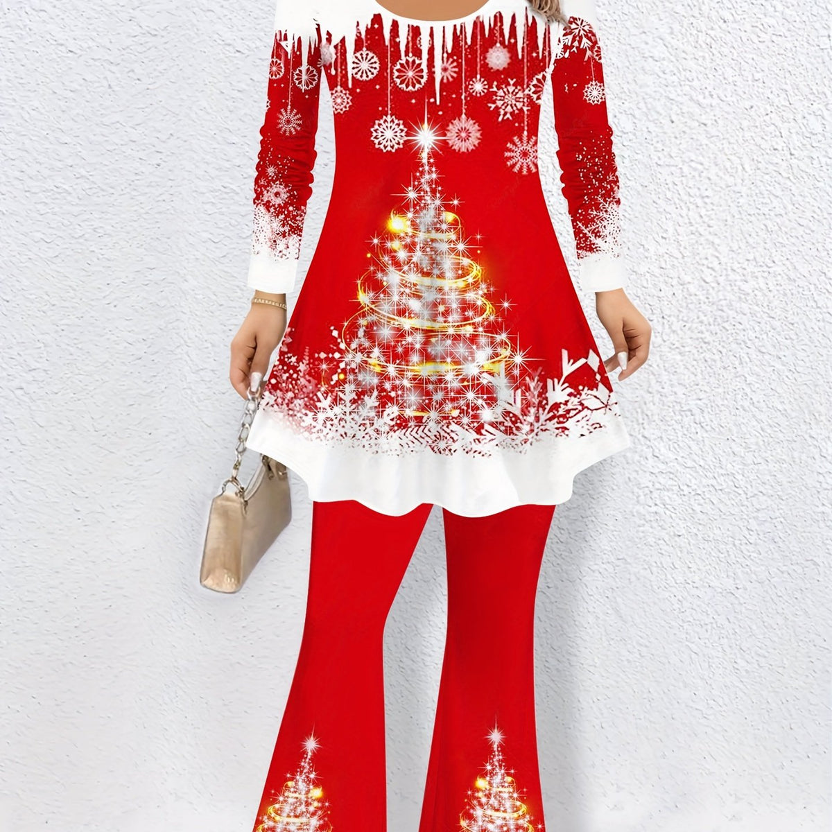 Women's Plus Colorblock Tree Print Long Sleeve Top & Flared Leg Pants Set