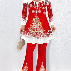 Women's Plus Colorblock Tree Print Long Sleeve Top & Flared Leg Pants Set